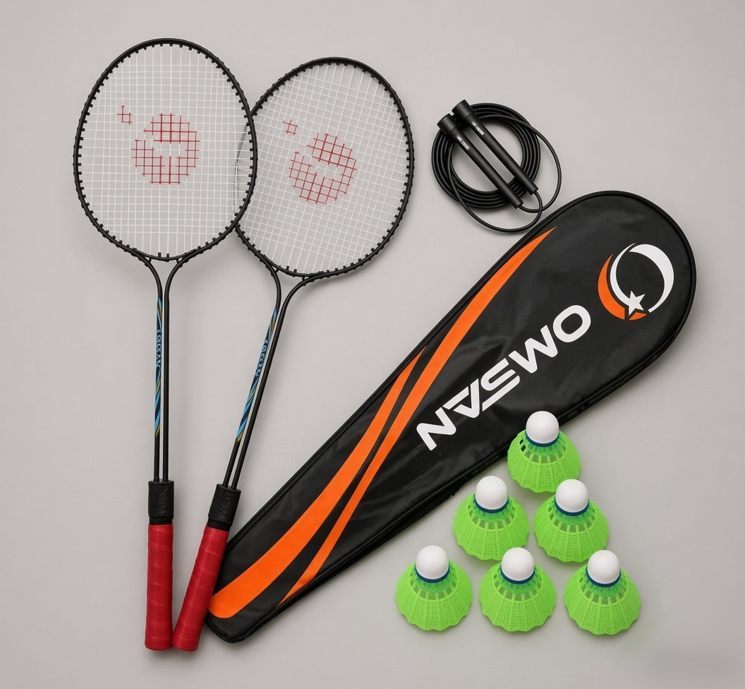 Double Shaft Badminton Racket with 6 Nylon Cock (Skipping Rope Free)